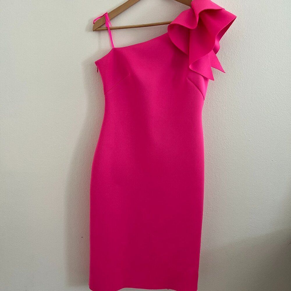 Eliza J. One-Shoulder Scuba Crepe Cocktail Dress in Hot Pink - Picture 2 of 8